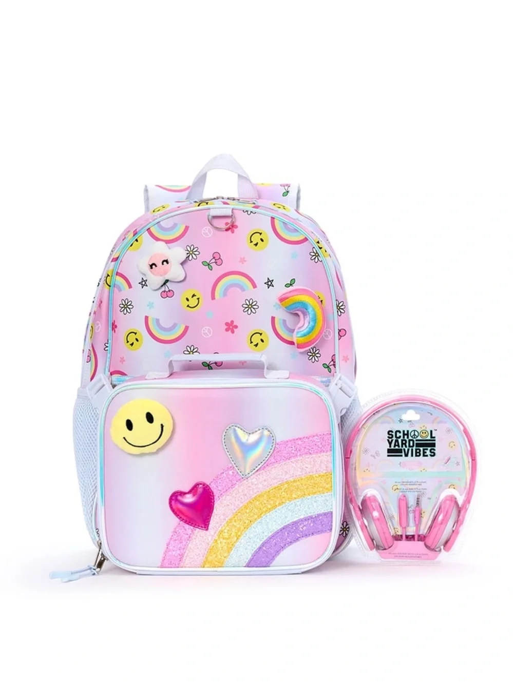 Pink Rainbow Kids Backpack Set with Headphones and Lunch Box WD5